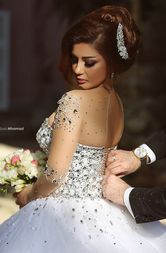 Load image into Gallery viewer, Luxury Long Ball Gown Sweetheart Crystals Beading Wedding Dresses with Sleeves-BIZTUNNEL
