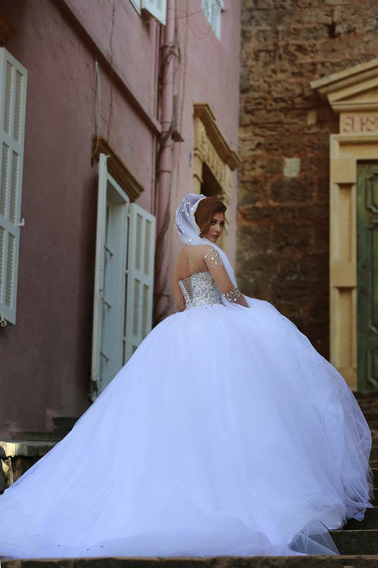 Load image into Gallery viewer, Luxury Long Ball Gown Sweetheart Crystals Beading Wedding Dresses with Sleeves-BIZTUNNEL
