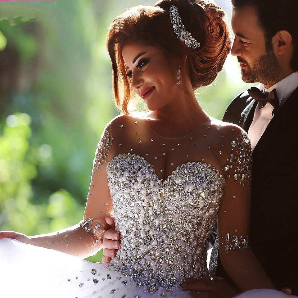 Luxury Long Ball Gown Sweetheart Crystals Beading Wedding Dresses with Sleeves Luxury Long Ball Gown Sweetheart Crystals Beading Wedding Dresses with Sleeves