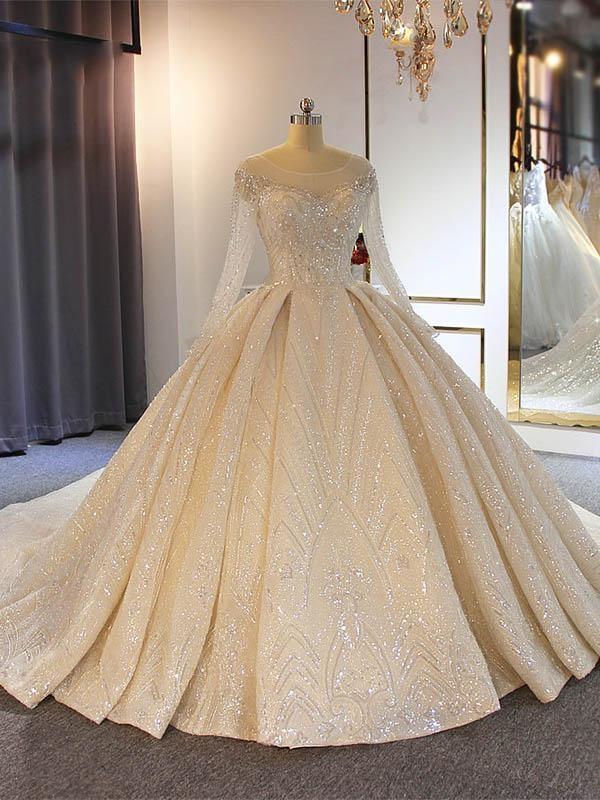 Luxury Long Ball Gown Sweetheart Lace Wedding Dresses with Sleeves-BIZTUNNEL