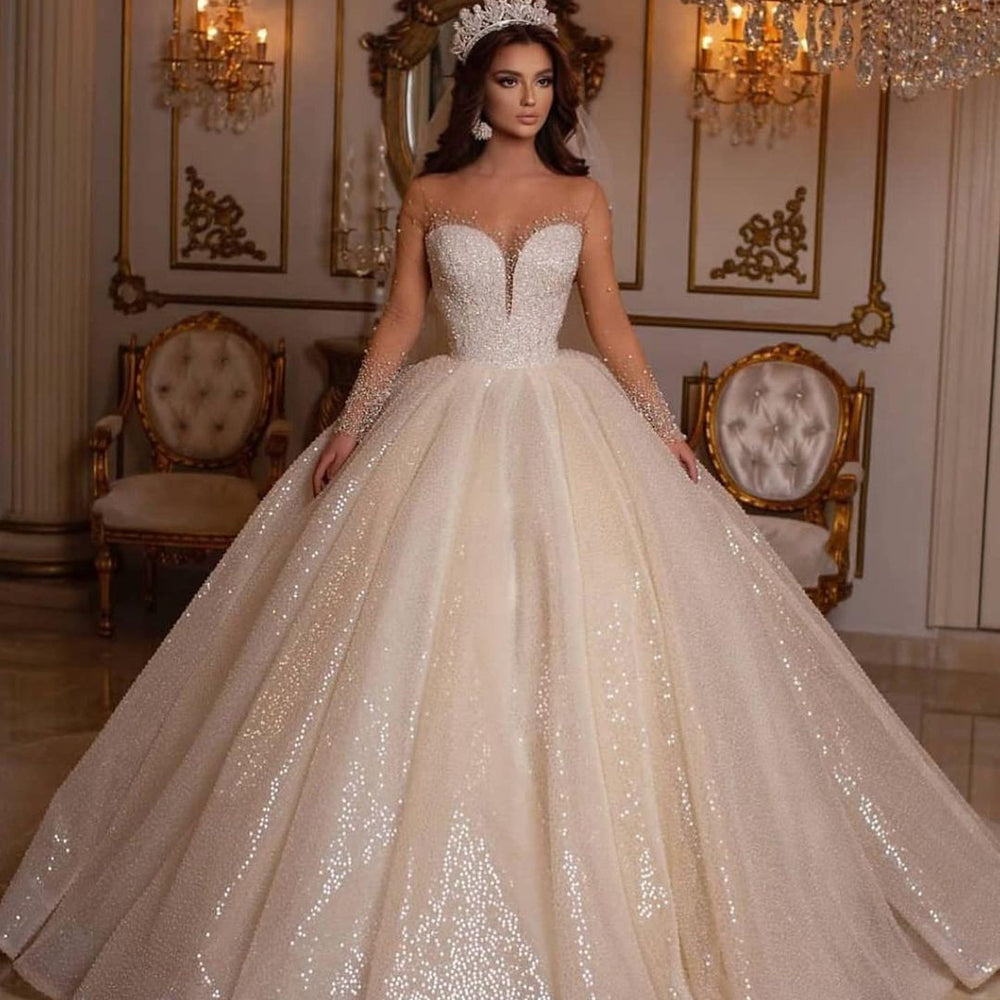 Luxury Long Ball Gown Sweetheart Sparkly Wedding Dress with Sleeves Luxury Long Ball Gown Sweetheart Sparkly Wedding Dress with Sleeves