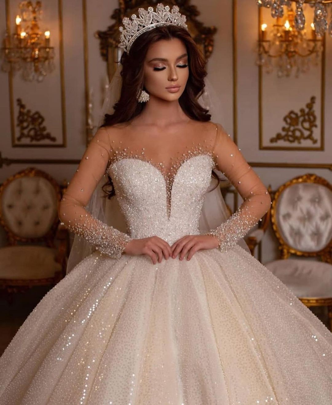 Luxury Ball Gown High Neckline Long Sleeves Sequin White Wedding Dresses Brides Dress main image 0