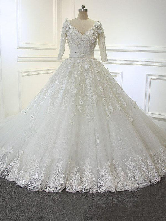 Luxury Long Ball Gown V Neck Lace Wedding Dresses with Sleeves-BIZTUNNEL