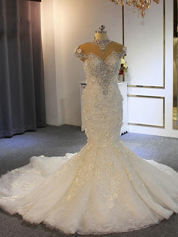Luxury Long Mermaid Full Beading Lace Tulle Wedding Dresses-BIZTUNNEL