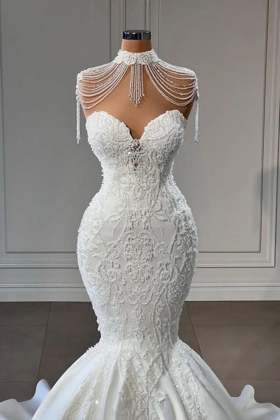 Carregar imagem no visualizador da galeria, Luxury Long Mermaid Lace Sweetheart Satin Wedding Dress-BIZTUNNEL
