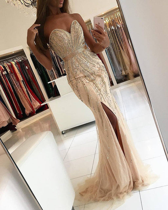 Luxury Long Mermaid Sweetheart Beading Tulle Prom Dress With Slit-BIZTUNNEL