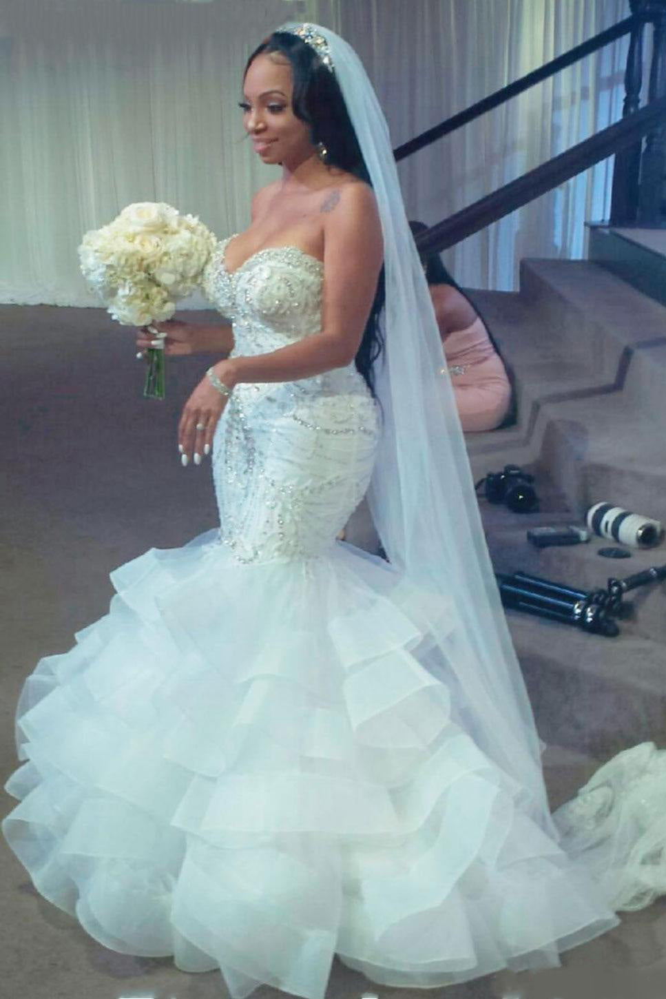 Luxury Long Mermaid Sweetheart Strapless Ruffles Beaded Crystal Wedding Dress-BIZTUNNEL