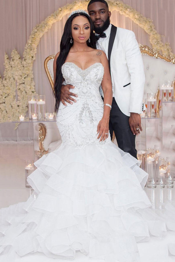 Luxury Long Mermaid Sweetheart Strapless Ruffles Beaded Crystal Wedding Dress-BIZTUNNEL