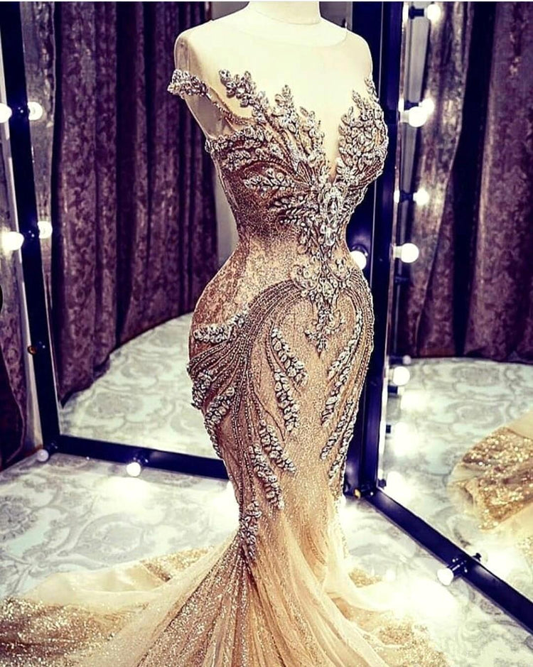 V Neck Mermaid Tulle Prom Dresses With Beadings and Sequins LBQ0245 main image 1