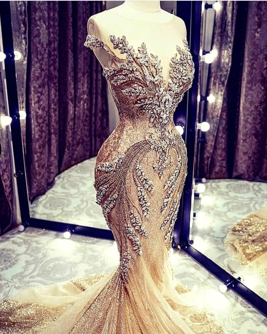 Luxury Long Mermaid V-neck Beadings Tulle Prom Dress-BIZTUNNEL