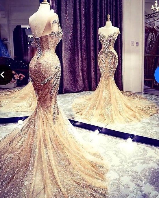 Luxury Long Mermaid V-neck Beadings Tulle Prom Dress-BIZTUNNEL