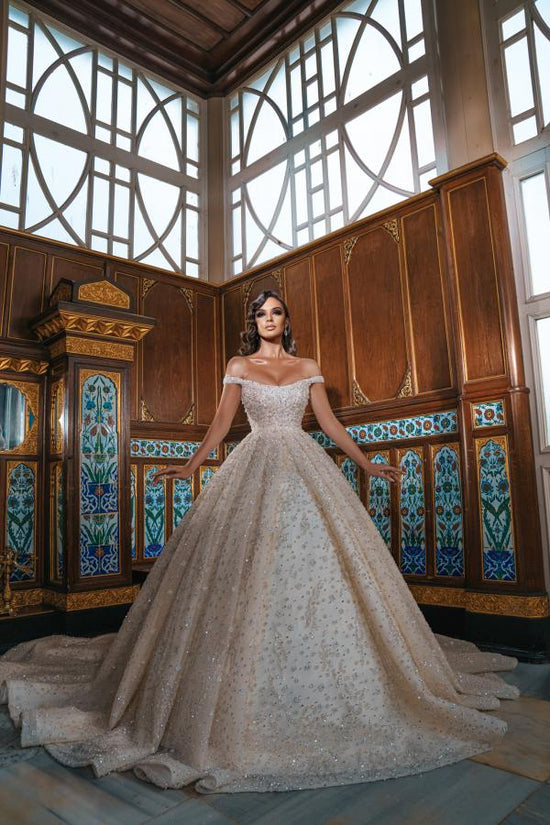 Luxury Long Princess Off-the-shoulder Sequined Wedding Dresses with slit-BIZTUNNEL