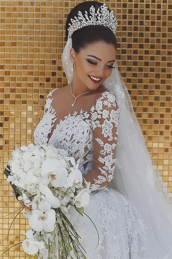 Luxury Mermaid Tulle Beaded Lace Wedding Dresses with Sleeves-BIZTUNNEL