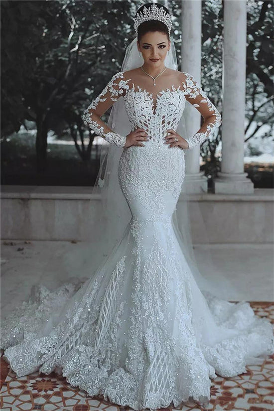 Luxury Mermaid Tulle Beaded Lace Wedding Dresses with Sleeves-BIZTUNNEL