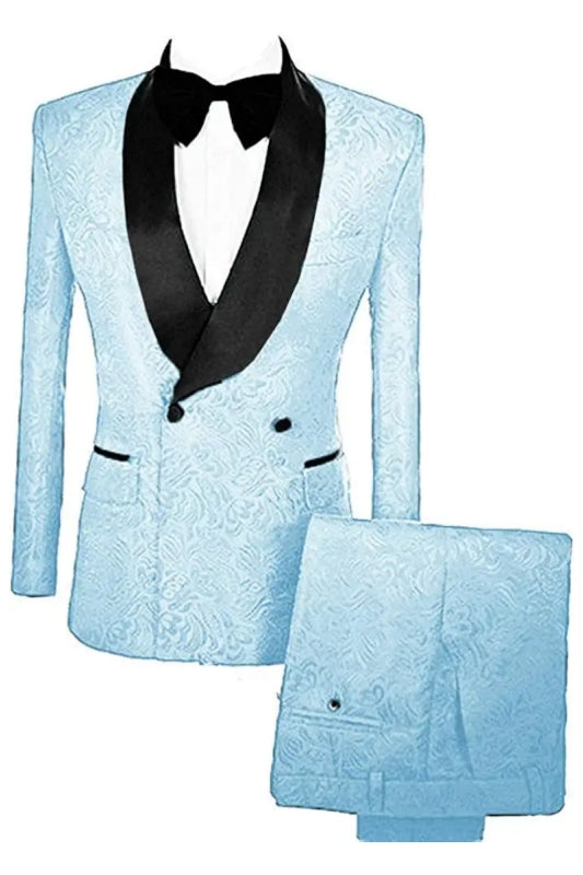 Mark Light Blue Double Breasted Jacquard New Arrival Wedding Suits With Velvet Lapel