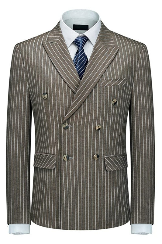 Mark Modern Coffee Double Breasted Peaked Lapel Striped Men Suits For Business
