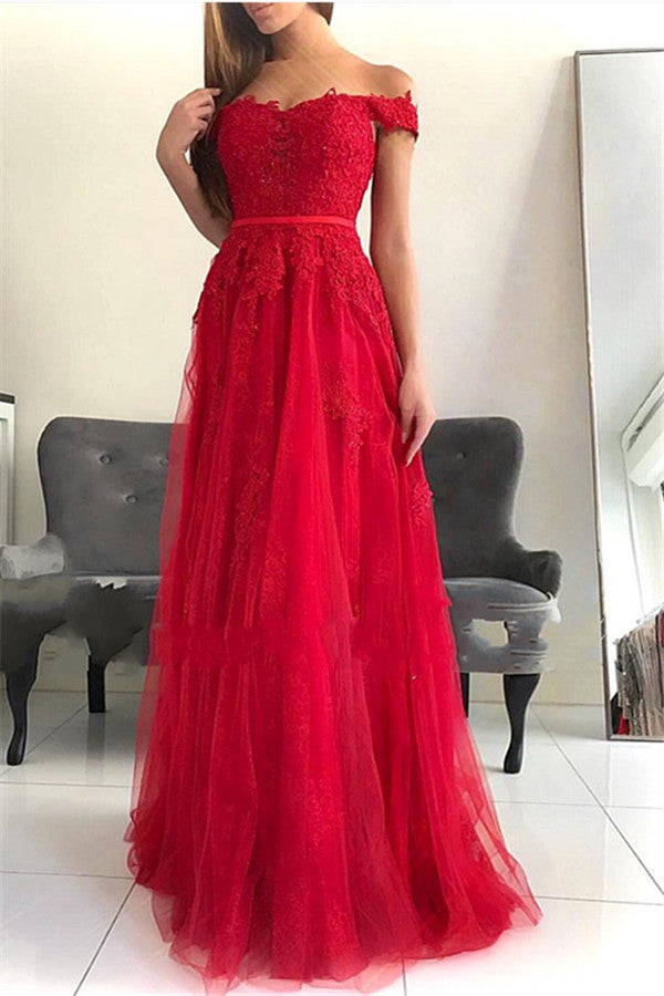 Marvelous A-line Off-the-shoulder Tulle Lace Long Prom Dress-BIZTUNNEL