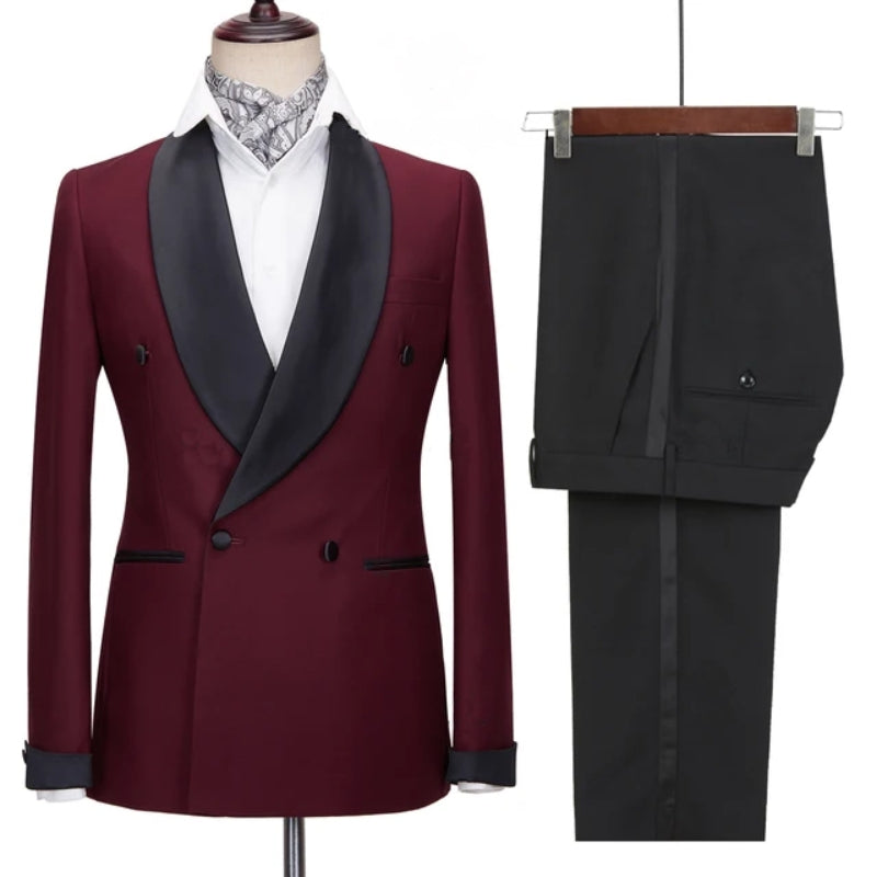 
                  
                    Maxwell Gentle Burgundy Shawl Lapel Double Breasted Wedding Suits
                  
                