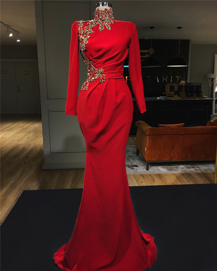 Mermaid High Neck Red Long Prom Dress with Sleeves-BIZTUNNEL