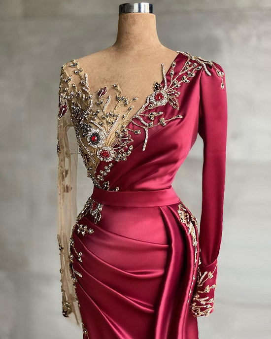 Load image into Gallery viewer, Mermaid Long V-neck Satin Burgundy Prom Dress with Sleeves-BIZTUNNEL
