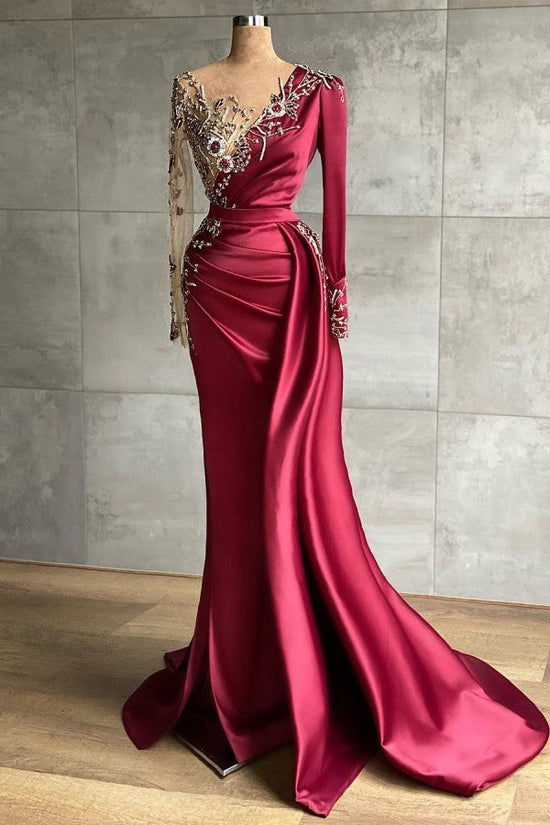 Mermaid Long V-neck Satin Burgundy Prom Dress with Sleeves-BIZTUNNEL