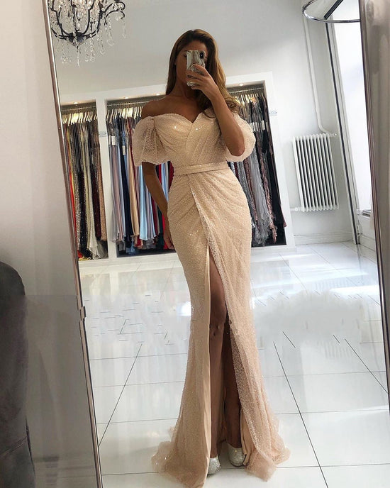 Mermaid Off-the-Shoulder Front Slit Long Sequins Prom Dress With Sleeves-BIZTUNNEL