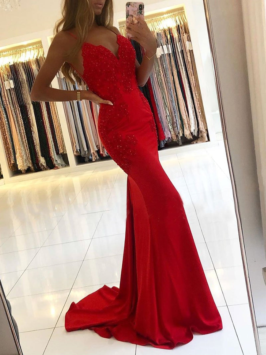 Laden Sie das Bild in den Galerie-Viewer, Mermaid V Neck Backless Lace Beaded Long Prom Dresses Red Formal Evening Gowns-BIZTUNNEL
