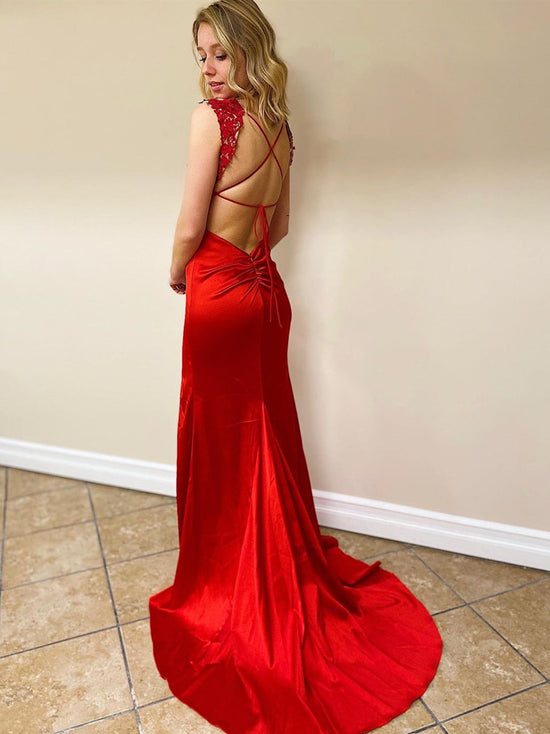 Mermaid V Neck Backless Satin Lace Long Prom Dresses with Slit Red Open Back Formal Evening Gowns-BIZTUNNEL