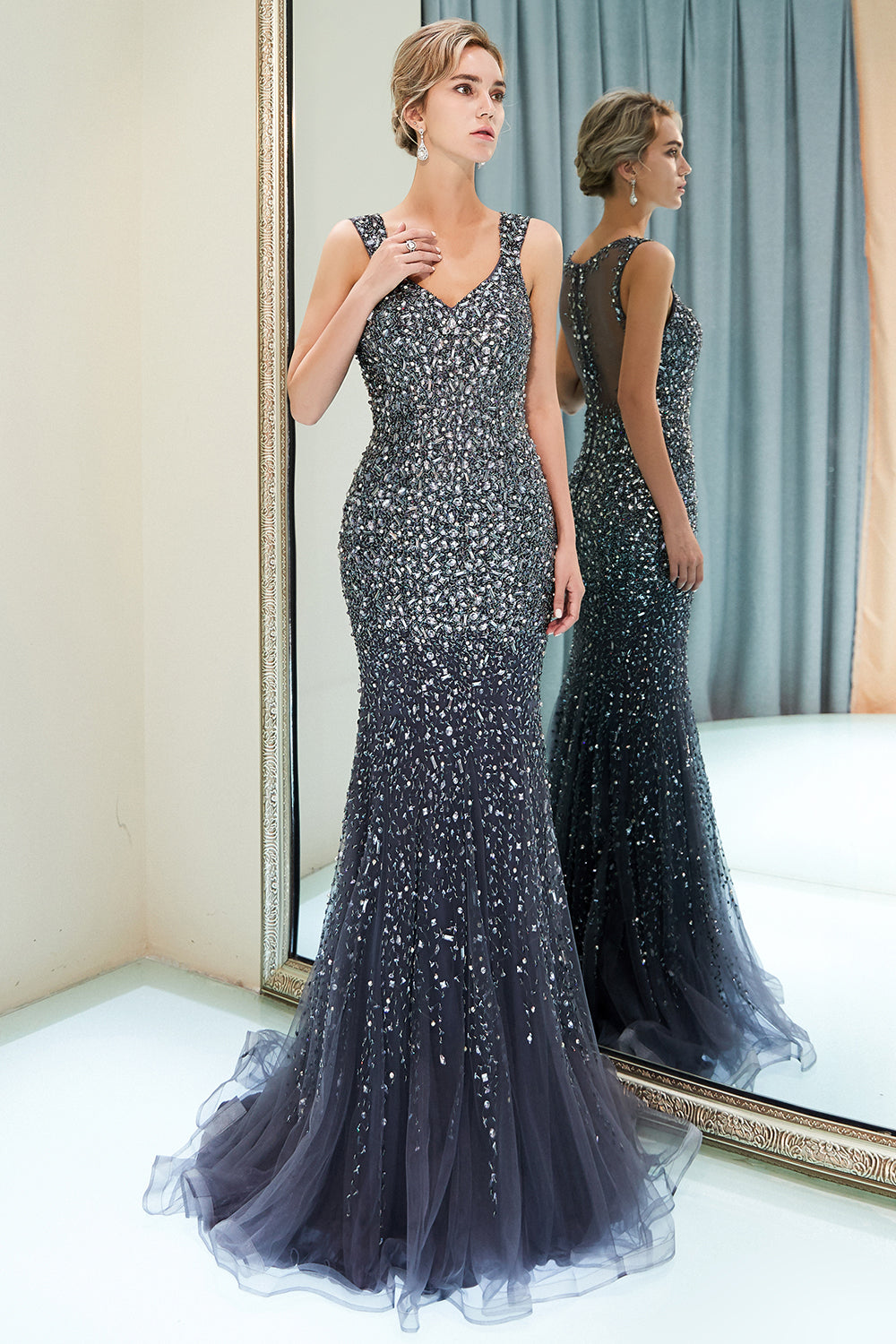 Elegant Mermaid V Neck Sleeveless Zipper Up Floor-Length Evening Dress main image 1