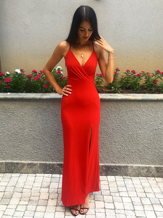 Mermaid V Neck Sleeveless Floor Length Red Long Prom Dresses with Split-BIZTUNNEL