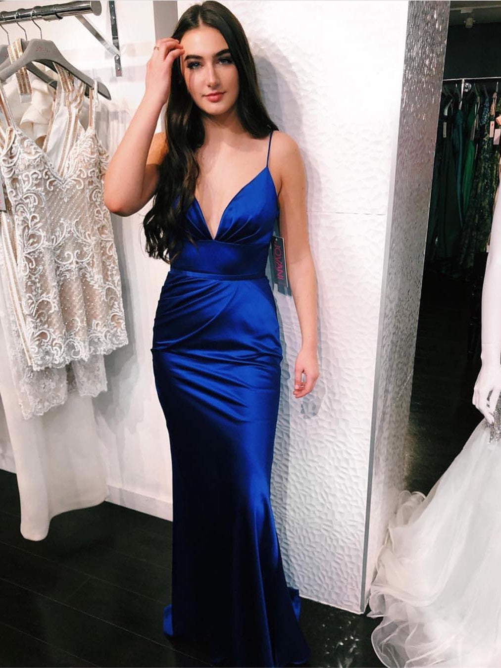 Load image into Gallery viewer, Mermaid V Neck Spaghetti Straps Satin Long Royal Blue Prom Dresses-BIZTUNNEL
