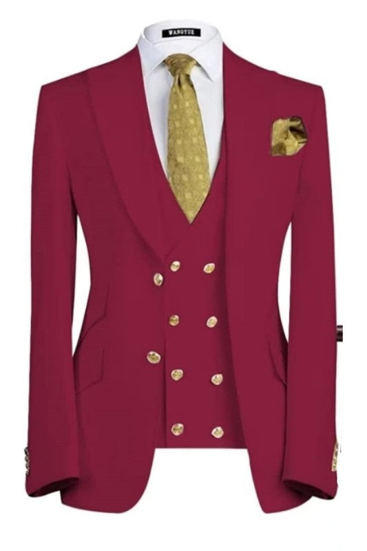 Broderick Modern Burgundy Three Pieces Peaked Lapel Prom Suits