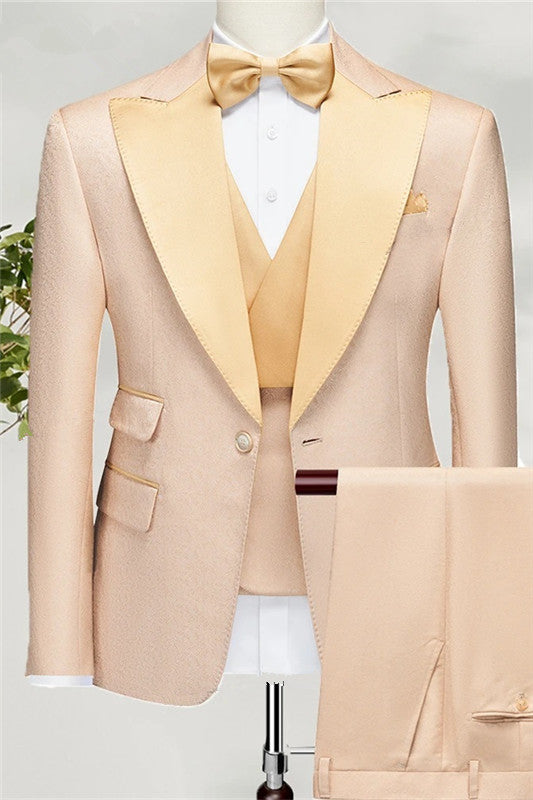 Alan Modern Champagne Peaked Lapel Three Pieces Prom Suits