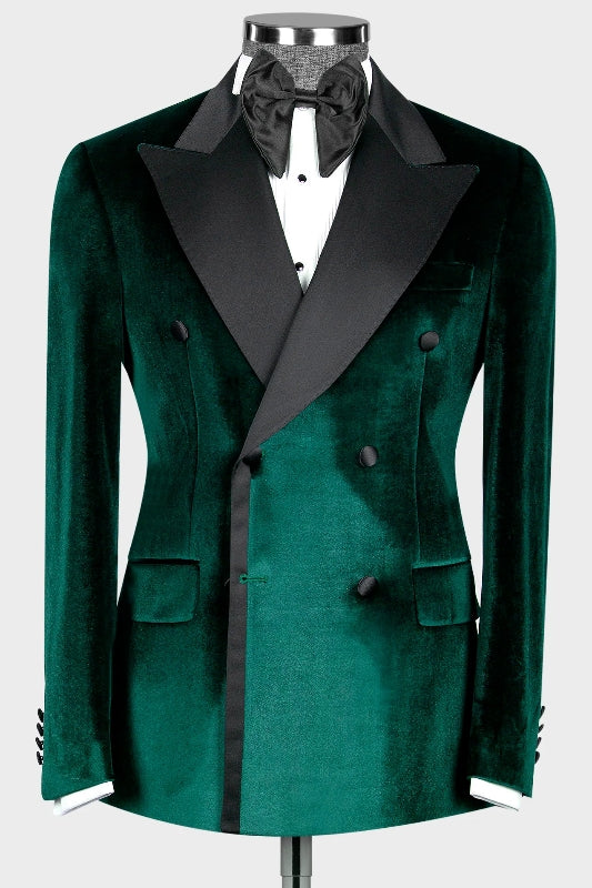 Harrison Modern Dark Green Peaked Lapel Double Breasted Velvet Prom Suits