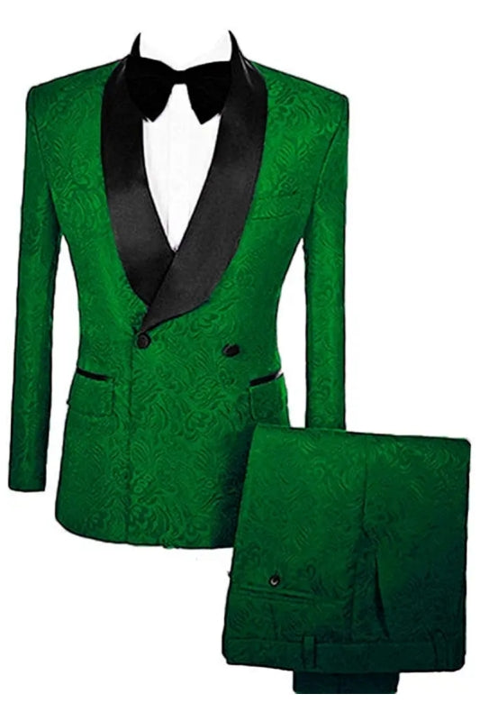 Mann Modern Green Double Breasted Jacquard Wedding Suits With Velvet Lapel