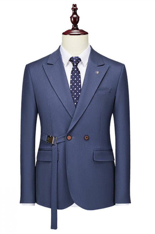 Alonzo Modern Navy Blue Double Breasted Peaked Lapel Prom Suits For Men