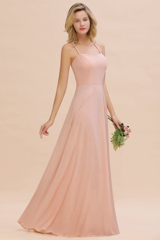 Modern Pink Long Chiffon A-line Open Back Bridesmaid Dress-BIZTUNNEL