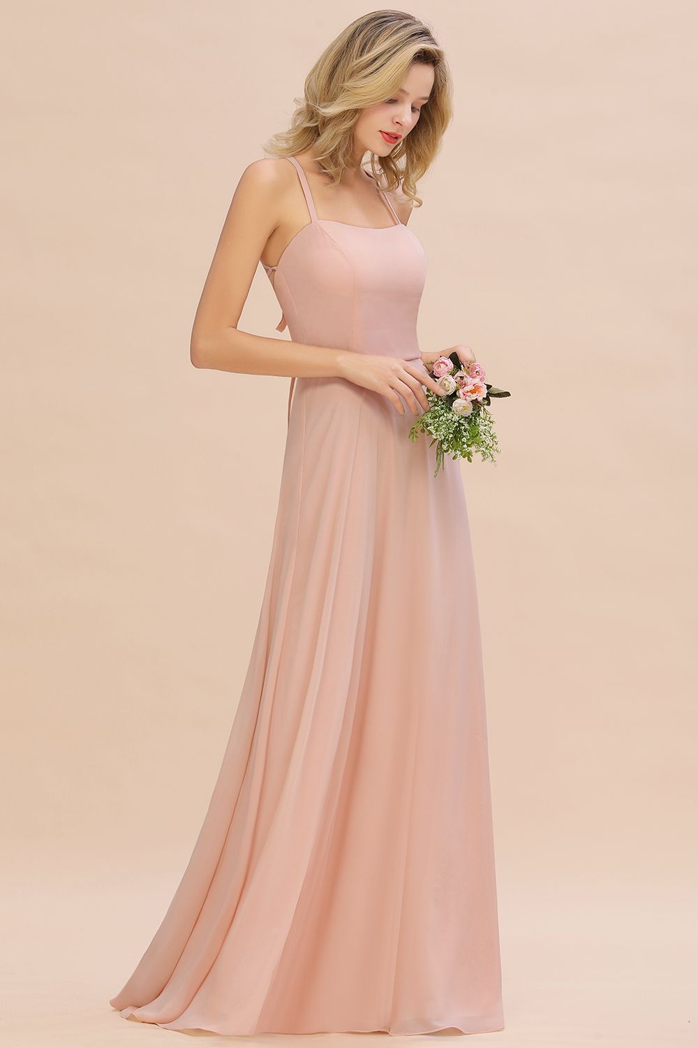 Halter A-Line Backless Chiffon Long Bridesmaid Dress - Hot Pink main image 1