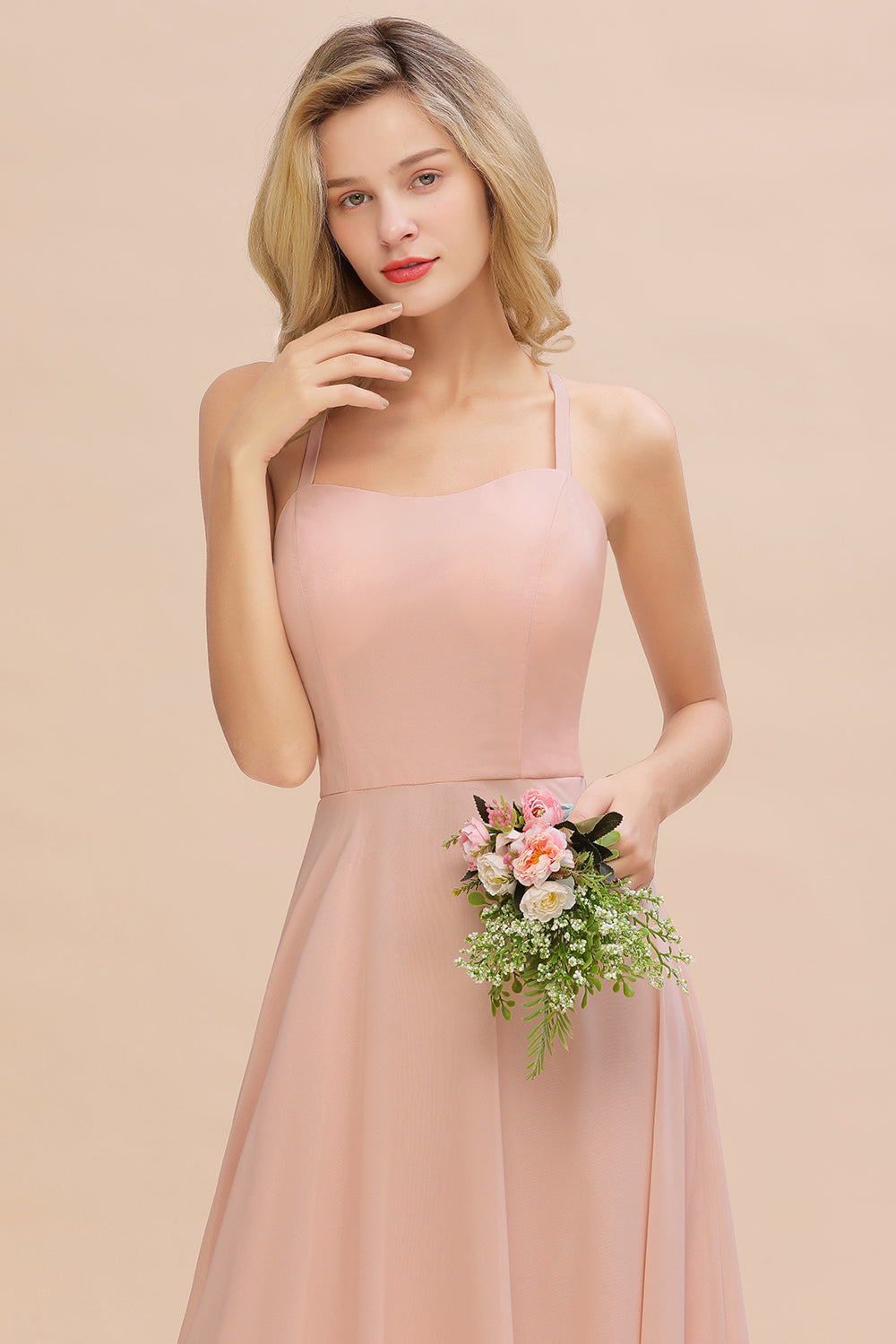 Halter A-Line Backless Chiffon Long Bridesmaid Dress - Hot Pink