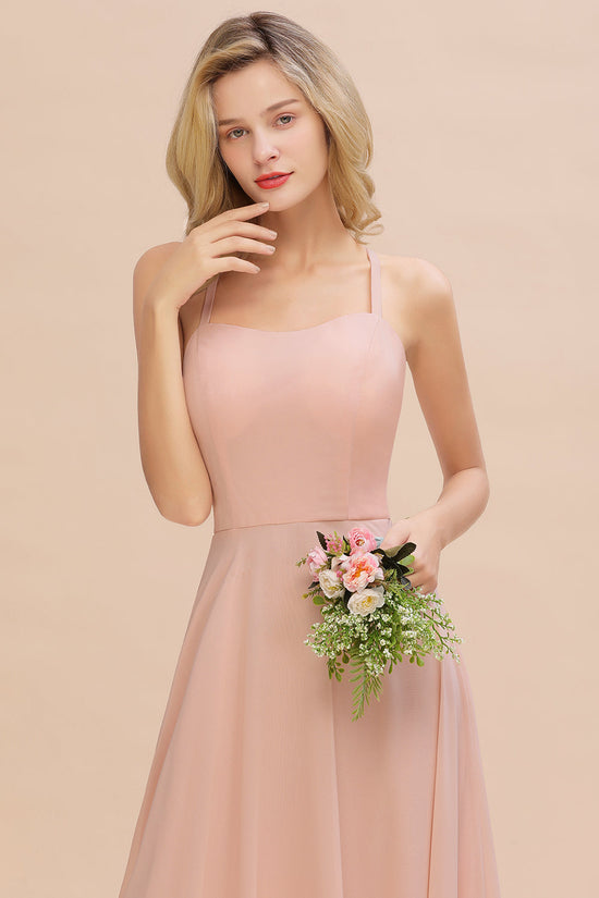 Modern Pink Long Chiffon A-line Open Back Bridesmaid Dress-BIZTUNNEL