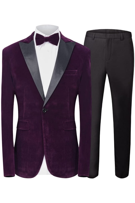 Burgess Modern Purple Peaked Lapel Two Pieces Velvet Men Suits For Prom