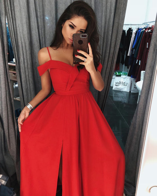 Modern Red A-Line Off-the-shoulder Long Prom Dress With Slit-BIZTUNNEL