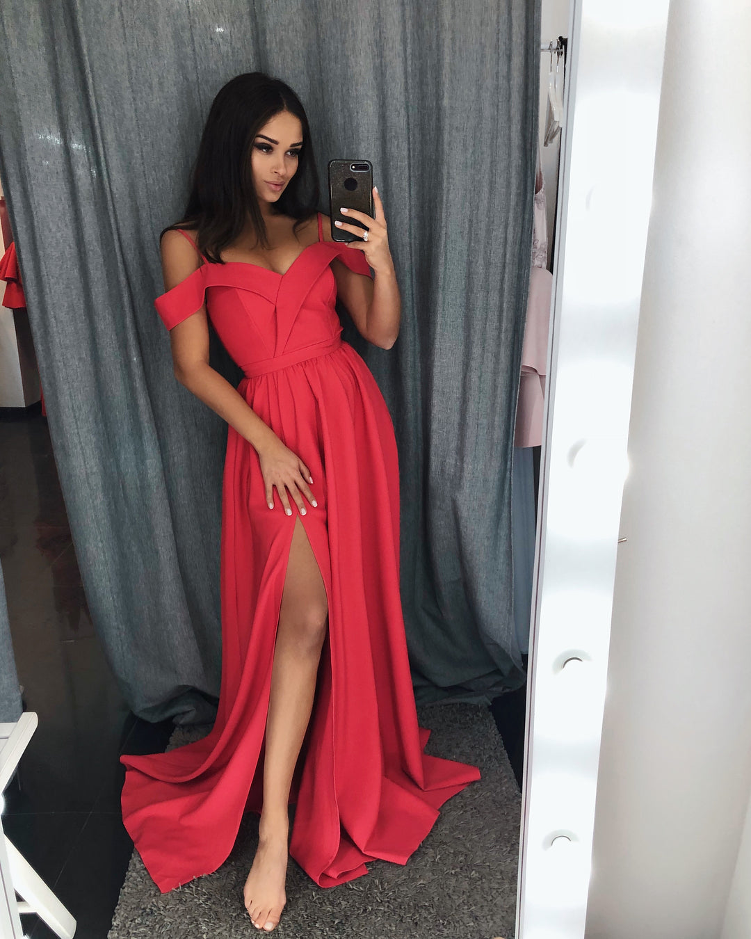 Modern Red A-Line Off-the-shoulder Long Prom Dress With Slit-BIZTUNNEL