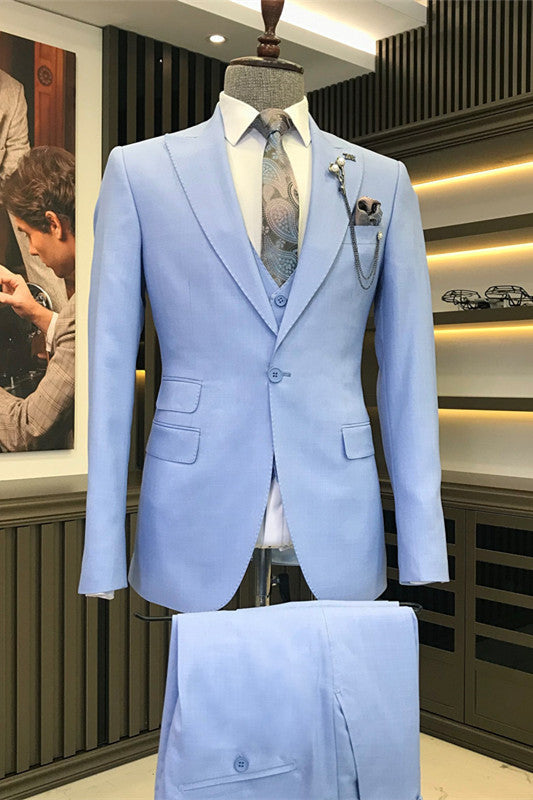 Adair Modern Sky Blue Three Pieces Peaked Lapel Prom Suits For Men