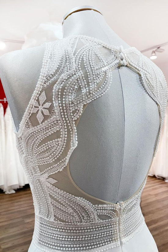 Modest Long A-line Chiffon Jewel Appliques Open Back Wedding Dress-BIZTUNNEL