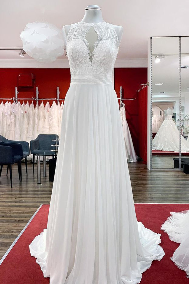 Modest Long A-line Chiffon Jewel Appliques Open Back Wedding Dress-BIZTUNNEL