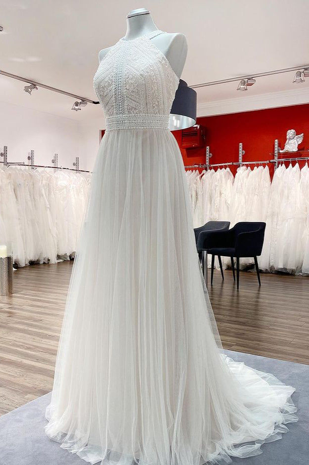 Carregar imagem no visualizador da galeria, Modest Long A-line Halter Tulle Lace Backless Wedding Dresses-BIZTUNNEL
