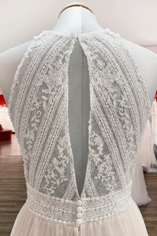 Charger l&amp;#39;image dans la galerie, Modest Long A-line Halter Tulle Lace Backless Wedding Dresses-BIZTUNNEL
