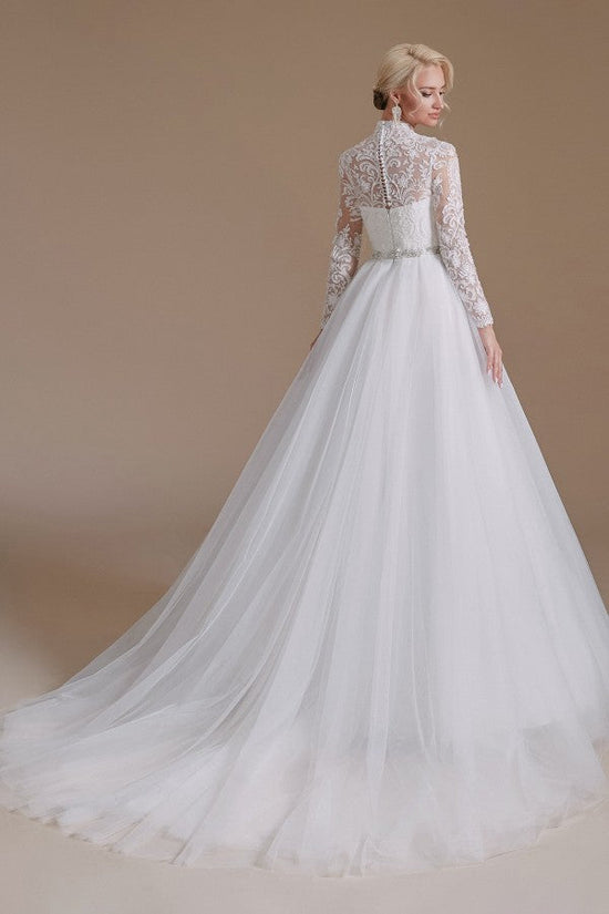 Modest Long A-line High Neck Tulle Lace Wedding Dresses with Sleeves-BIZTUNNEL