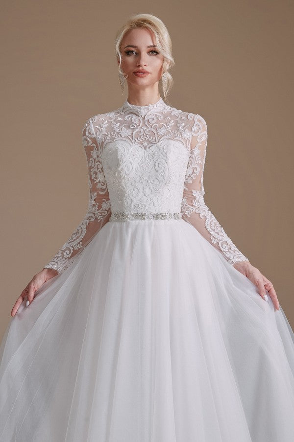 Modest Long A-line High Neck Tulle Lace Wedding Dresses with Sleeves Modest Long A-line High Neck Tulle Lace Wedding Dresses with Sleeves